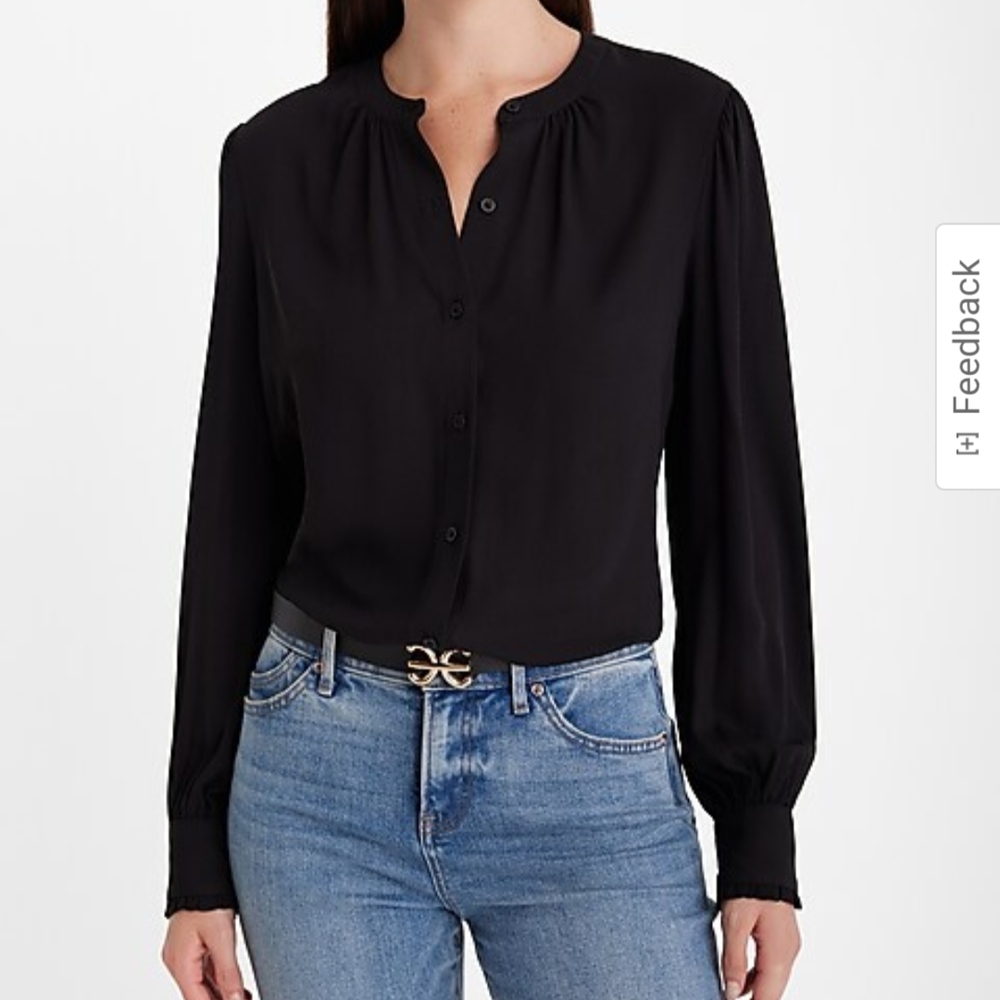 Express Gathered Neck Ruffle Cuff Potafino Shirt Blouse